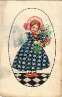 Girl with flowers art postcard (EB)
