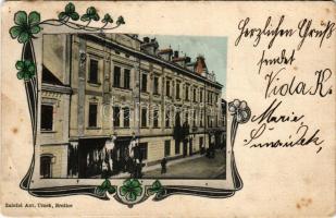 1906 Brezice, street view, shops. Ant. Umek Art Nouveau, floral frame (EB)
