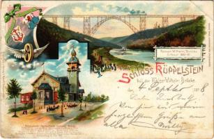 1898 Remscheid, Schloss Küppelstein, Kaiser Wilhelm Brücke. Kunstanstalt Finkenrath Söhne / castle, bridge. Art Nouveau, floral, litho (tear)