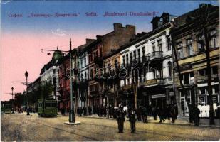 Sofia, Sophia, Sofiya; Boulevard Dondoukoff / street view, trams, shops (EK)