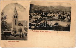 1898 Zepce, Katholische Kirche, Blick auf das Bezirksamt / Catholic church, district office, wooden bridge (cut)