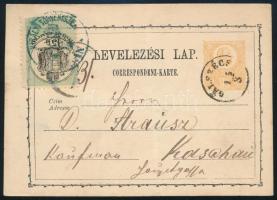 1873 2kr díjjegyes levelezőlap II. tipus "GÁLSZÉCS" - Kaschau, rajta 15kr illetékbélyeg a kassai törvényszéken felhasználva
