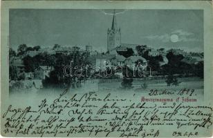 1899 Cesis, Wenden, Zehsim; general view with church, at night in moonlight (crease)
