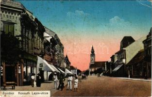 1920 Zombor, Sombor; Kossuth Lajos utca, templom, Széles Antal üzlete / street view, church, shops (...
