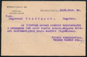 1919 8f díjjegyes hasábos levelezőlap 2f kiegészítéssel Szombathely - Nagycenk