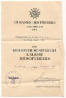 Német Harmadik Birodalom 1944. "Háborús Érdemkereszt II. osztálya kardokkal" adományozói okirata, a hozzá tartozó borítékkal T:F German Third Reich 1944. "Kriegsverdienstkreuz 2. Klasse mit Schwertern (War Merit Cross 2nd Class with Swords)" awarding document with the matching envelope C:F