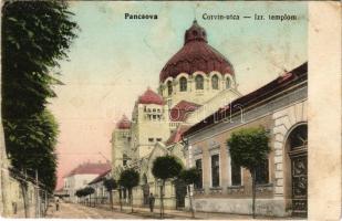 1915 Pancsova, Pancevo; Corvin utca, Izraelita templom, zsinagóga. Wittigschlager C. kiadása / street view, synagogue (felületi sérülés / surface damage)