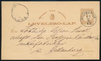 1875 2kr díjjegyes levelezőlap "NAGYMARTON" mindkét "N" fordított