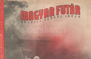 [Folyóirat] Magyar Futár. Politikai hetilap. Szerkeszti: Rajniss Ferenc. I. évfolyam, 22. szám. (1941. október 23.) Budapest, 1941. Stádium Rt. ny. 22 + [2] p. Folio. A Rajniss Ferenc szélsőjobboldali újságíró, közgazdász, szociálpolitikus főszerkesztésével megjelenő képes politikai hetilap 1941. május 29-e és 1944. december 6-a között jelent meg, erősen németbarát szellemben. Jóllehet első lapszámában a lap pártoktól függetlenként, az összmagyar szociális összefogás híveként határozta meg magát, álláspontja igencsak közel esett az éppen ellenzékben levő, szélsőjobboldali, Imrédy Béla-féle Magyar Megújulás Pártjához. "Hétről hétre" című, csekély terjedelmű, ám állandó belpolitikai rovata ezúttal is erőteljes antiszemita kijelentéseket tesz, valamint támadja a liberálisnak tartott kormánypártot annak banktőkével ápolt kapcsolata miatt. Gazdagon illusztrált lapunk ugyanakkor elsősorban a háborús események iránt érdeklődik, hosszú képriportokat szentelve a Leningrádot körbezáró és Moszkvát fenyegető német előretörésnek. Értelemszerűen beszámol a frontra küldött 2. magyar hadsereg életéről is (amely ekkoriban még a lehetőségekhez képest bírja magát), a tengelyhatalmi ellenőrzés alá került területeken felderített korábbi szovjet rémtettekről, az angliai légierő megroppanásáról. "A hét térképe" című rovatában ezúttal a földközi-tengeri és moszkvai front hadműveletei. A békésebb témákat a pilisi őstörténeti ásatásokról írt cikk, illetve az állandó művelődéstörténeti rovat képviseli. A belső borítón Dinnyés Lajos és Varsányi Lajos kétszínnyomású karikatúrái. A markánsan németbarát folyóirat valamennyi száma szerepel az Ideiglenes Nemzeti Kormány által 1945-ben betiltott művek jegyzékén. Néhány levélen apró, lapszéli szakadásnyomok. Színes, illusztrált, enyhén sérült kiadói borítóban. Jó példány.