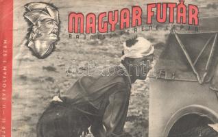 [Folyóirat] Magyar Futár. Politikai hetilap. Szerkeszti: Rajniss Ferenc. II. évfolyam, 3. szám. (1942. január 15.) Budapest, 1942. Stádium Rt. ny. 14 + [10] p. Folio. A Rajniss Ferenc szélsőjobboldali újságíró, közgazdász, szociálpolitikus főszerkesztésével megjelenő képes politikai hetilap 1941. május 29-e és 1944. december 6-a között jelent meg, erősen németbarát szellemben. Jóllehet első lapszámában a lap pártoktól függetlenként, az összmagyar szociális összefogás híveként határozta meg magát, álláspontja igencsak közel esett az éppen ellenzékben levő, szélsőjobboldali, Imrédy Béla-féle Magyar Megújulás Pártjához. "Hétről hétre" címmel megjelenő, állandó belpolitikai rovata az amerikai hadba lépés kapcsán arra hívja fel a figyelmet, hogy a háború vélhetően elhúzódik, ezért pedig a tengelyhatalmak társadalmaiban innentől kezdve a gazdasági termelésnek nem önös, hanem össznépi érdekeket kell követnie. Az előbb említett önös érdekek, illetve a magyar filmipar kapcsán antiszemita kijelentésekre ragadtatja magát a név nélkül maradt cikkíró. Az ezúttal kétoldalasra nőtt belpolitikai kommentárrovat szemközti oldalán antiszemita élű népélelmezési képriport. A folyóirat fő tartalmát jelentő képes hadi riportok témája ezúttal Japán terjeszkedése, illetve az észak-afrikai hadszíntér (a fő hadszínteret jelentő keleti frontról kevés és erősen cenzúrázott híranyag érkezik). A belföldi híreket Ribbentrop német külügyminiszter budapesti látogatása, illetve a budapesti hóhelyzet megemlítése jelenti, az állandó művelődéstörténeti rovat mellett pedig ezúttal két oldal terjedelműre nő a karikatúrarovat, Dinnyés Lajos karikatúrái Anthony Eden brit külügyminiszter szovjet látogatása elé tartanak gúnytükröt, a belső borító karikatúrái pedig az Egyesült Államok és a Szovjetunió hódítási vágyait karikírozzák. A markánsan antiszemita és szovjetellenes folyóirat valamennyi száma szerepel az Ideiglenes Nemzeti Kormány által 1945-ben betiltott művek jegyzékén. Néhány oldalon apró lapszéli hiány, a lapszéleken apró szakadásnyomok. Fűzve, színes, illusztrált, enyhén sérült, kissé hiányos kiadói borítóban.