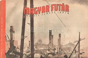 [Folyóirat] Magyar Futár. Politikai hetilap. Szerkeszti: Rajniss Ferenc. III. évfolyam, 32. szám. (1943. augusztus 4.) Budapest, 1943. Stádium Rt. ny. 22 + [2] p. Folio. A Rajniss Ferenc szélsőjobboldali újságíró, közgazdász, szociálpolitikus főszerkesztésével megjelenő képes politikai hetilap 1941. május 29-e és 1944. december 6-a között jelent meg, erősen németbarát szellemben. Jóllehet első lapszámában a lap pártoktól függetlenként, az összmagyar szociális összefogás híveként határozta meg magát, álláspontja igencsak közel esett az éppen ellenzékben levő, szélsőjobboldali, Imrédy Béla-féle Magyar Megújulás Pártjához. "Hétről hétre" címmel megjelenő, állandó belpolitikai rovata a főszerkesztő berlini beszédének hazai sajtóvisszhangjával kapcsolatban tesz erős, antiszemita kijelentéseket, valamint méltatja a foglyul ejtett Mussolini munkásságát, a világméretű háborús küzdelmet pedig nacionalisták és kozmopoliták döntő, végső konfliktusaként értékeli. A háborús riportok döntően a kurszki páncélos csatával foglalkoznak, melynek kimenetelét a lap döntetlenre értékeli. Újabb riportok a budapesti sporteseményekről, illetve a hátországi magyar kiképzésről számolnak be. Lapszámunk karikatúráit Dinnyés Lajos rajzolta. Folyóiratunk szerepel az Ideiglenes Nemzeti Kormány által 1945-ben betiltott művek jegyzékén. Példányunk fűzése meggyengült, egyes leveleken lapszéli szakadásnyomok, a hátsó borítón apró hiány. Fűzve, színes, illusztrált, enyhén sérült kiadói borítóban.