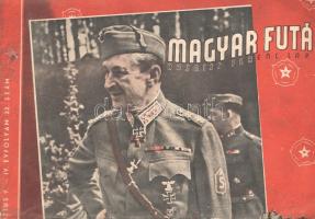 [Folyóirat] Magyar Futár. Politikai hetilap. Szerkeszti: Rajniss Ferenc. IV. évfolyam, 32. szám. (1943. augusztus 9.) Budapest, 1944. Stádium Rt. ny. 15 + [1] p. Folio. A Rajniss Ferenc szélsőjobboldali újságíró, közgazdász, szociálpolitikus főszerkesztésével megjelenő képes politikai hetilap 1941. május 29-e és 1944. december 6-a között jelent meg, erősen németbarát szellemben. Jóllehet első lapszámában a lap pártoktól függetlenként, az összmagyar szociális összefogás híveként határozta meg magát, álláspontja igencsak közel esett az éppen ellenzékben levő, szélsőjobboldali, Imrédy Béla-féle Magyar Megújulás Pártjához. "Hétről hétre" című rovata ezúttal a kitartás, a népért hozott áldozat német katonai példáit magasztalja, üdvözli a háborús hős Mannerheim finn tábornokot friss, államfői kinevezése alkalmából, a népért való áldozathozatal témáját pedig a zsidó magánvagyonok konfiskálásának szorgalmazásával köti össze. Lapszámunk képriportja a szovjet támadás elleni finn ellenállás példáiból válogat, valamint közzétesz egy alaposan cenzúrázott válogatást a Kárpátok körüli magyar védelmi harcokból. Lapszámunk karikatúráit Dinnyés Lajos rajzolta. Folyóiratunk szerepel az Ideiglenes Nemzeti Kormány által 1945-ben betiltott művek jegyzékén. Példányunk fűzése meggyengült, több levélen a hajtás mentén kisebb szakadás. Fűzve, színes, illusztrált, sérült kiadói borítóban.