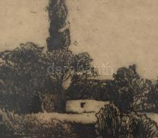 Halász József (1874-1935): Falusi táj. Rézkarc, papír, jelzett. Lapszéli ázásnyommal. Üvegezett fake...