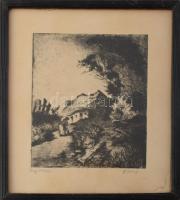 Halász József (1874-1935): Hegyi kunyhó. Rézkarc, papír, jelzett. Lapszéli ázásnyommal. Üvegezett fakeretben. 19x15 cm