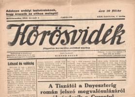 [Folyóirat] Körösvidék. Független keresztény politikai napilap. Felelős szerkesztő: Migend Dezső. XXII. évfolyam, 1. szám. (1941. január 2.) Békéscsaba, 1941. Körösvidék Rt. (ny.) 4 p. Folio. A tizenegy hónapos román megszállást követően megalakult Körösvidék politikai napilap 1920. március 30-án jelent meg először. A Horthy Miklós nemzeti hadserege mellett kiálló lap már első lapszámában is keresztény-nemzeti szelleműként határozta meg magát. A négy oldalas terjedelmében MTI-híreket, rendeleteket, illetve helyi érdekű híreket közzétevő lap országszéli helyzetéből fakadóan nem lankadó figyelemmel kíséri a csehszlovákiai és különösen a román adminisztráció magyarellenes intézkedéseit, de háborús és geopolitikai rövidhíreket is ad. Az Észak-Erdélyt visszajuttató 1940. augusztus 30-i második bécsi döntést követően megjelent lapszámok fejléce állandó jelleggel módosult, kiegészült az "Adakozz erdélyi testvéreinknek, hogy érezzék az otthon melegét!" jelszóval. Lapszámunk vezércikke a román rádió által közvetített, politikai szintre emelkedett román bosszúvágy jelenségét elemzi. A tartalomból: Látszat és valóság (vezércikk) -- A Tiszától a Dnyeszterig román jelszó megvalósulásáról ábrándozik a Curentul -- Megélénkült a harci tevékenység Albániában -- Erős német légitámadás Liverpool ellen -- Pályázat ipari munkásjutalmakra -- Kerékpárlopás -- Szilveszter éji verekedés. Jó állapotú lapszám, hajtogatva.