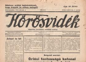 [Folyóirat] Körösvidék. Független keresztény politikai napilap. Felelős szerkesztő: Migend Dezső. XXII. évfolyam, 2. szám. (1941. január 3.) Békéscsaba, 1941. Körösvidék Rt. (ny.) 4 p. Folio. A tizenegy hónapos román megszállást követően megalakult Körösvidék politikai napilap 1920. március 30-án jelent meg először. A Horthy Miklós nemzeti hadserege mellett kiálló lap már első lapszámában is keresztény-nemzeti szelleműként határozta meg magát. A négy oldalas terjedelmében MTI-híreket, rendeleteket, illetve helyi érdekű híreket közzétevő lap országszéli helyzetéből fakadóan nem lankadó figyelemmel kíséri a csehszlovákiai és különösen a román adminisztráció magyarellenes intézkedéseit, de háborús és geopolitikai rövidhíreket is ad. Az Észak-Erdélyt visszajuttató 1940. augusztus 30-i második bécsi döntést követően megjelent lapszámok fejléce állandó jelleggel módosult, kiegészült az "Adakozz erdélyi testvéreinknek, hogy érezzék az otthon melegét!" jelszóval. Lapszámunk vezércikke a határmódosítást követően kiújult román bosszúvágy témájával foglalkozik. A tartalomból: Jelszó és hit (vezércikk) -- Anglia Szovjetoroszországot is be akarja rántani a háborúba -- Cardiff romokban hever -- Antonescu felhívást intézett a legionistákhoz, hogy tartsák tiszteletben az emberi törvényeket -- Ország-világ szeretetteljes üdvözlése áradt kormányzó urunk felé az új év alkalmával -- Magyarország és Jugoszlávia az örök barátsági szerződés szellemében tekint a szebb jövő felé -- Diák turistaszállók épülnek Erdélyben. Jó állapotú lapszám, hajtogatva.
