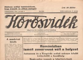 [Folyóirat] Körösvidék. Független keresztény politikai napilap. Felelős szerkesztő: Migend Dezső. XXII. évfolyam, 5. szám. (1941. január 8.) Békéscsaba, 1941. Körösvidék Rt. (ny.) 4 p. Folio. A tizenegy hónapos román megszállást követően megalakult Körösvidék politikai napilap 1920. március 30-án jelent meg először. A Horthy Miklós nemzeti hadserege mellett kiálló lap már első lapszámában is keresztény-nemzeti szelleműként határozta meg magát. A négy oldalas terjedelmében MTI-híreket, rendeleteket, illetve helyi érdekű híreket közzétevő lap országszéli helyzetéből fakadóan nem lankadó figyelemmel kíséri a csehszlovákiai és különösen a román adminisztráció magyarellenes intézkedéseit, de háborús és geopolitikai rövidhíreket is ad. Az Észak-Erdélyt visszajuttató 1940. augusztus 30-i második bécsi döntést követően megjelent lapszámok fejléce állandó jelleggel módosult, kiegészült az "Adakozz erdélyi testvéreinknek, hogy érezzék az otthon melegét!" jelszóval. Lapunk vezércikke az 1939. január 6-i munkácsi csata évfordulója kapcsán a csehszlovák és román terület-visszavétel lehetetlenségéről értekezik. A tartalomból: A munkácsi hősök -- Antonescu és a Vasgárda szélső szárnya között kiéleződött a feszültség -- Álhír angol motorkerékpáros katonák franciaországi partraszállásáról -- Roosevelt cáfolja a hírt, hogy Grönlandban amerikai csapatok szálltak partra -- Keresztény kezekbe kerül a lisztelosztás Budapesten -- Erdélyi osztály a közoktatási minisztériumban -- Kinevezések, előléptetések. Jó állapotú lapszám, hajtogatva.