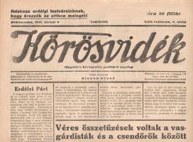 [Folyóirat] Körösvidék. Független keresztény politikai napilap. Felelős szerkesztő: Migend Dezső. XXII. évfolyam, 6. szám. (1941. január 9.) Békéscsaba, 1941. Körösvidék Rt. (ny.) 4 p. Folio. A tizenegy hónapos román megszállást követően megalakult Körösvidék politikai napilap 1920. március 30-án jelent meg először. A Horthy Miklós nemzeti hadserege mellett kiálló lap már első lapszámában is keresztény-nemzeti szelleműként határozta meg magát. A négy oldalas terjedelmében MTI-híreket, rendeleteket, illetve helyi érdekű híreket közzétevő lap országszéli helyzetéből fakadóan nem lankadó figyelemmel kíséri a csehszlovákiai és különösen a román adminisztráció magyarellenes intézkedéseit, de háborús és geopolitikai rövidhíreket is ad. Az Észak-Erdélyt visszajuttató 1940. augusztus 30-i második bécsi döntést követően megjelent lapszámok fejléce állandó jelleggel módosult, kiegészült az "Adakozz erdélyi testvéreinknek, hogy érezzék az otthon melegét!" jelszóval. Lapszámunk vezércikke az újonnan alakult Erdélyi Pártot üdvözli és programját ismerteti. A tartalomból: Erdélyi Párt (vezércikk) -- Véres összetűzések voltak a vasgárdisták és a csendőrök között -- Amerikai lelkészek felszólították Rooseveltet, hogy változtassa meg támadó politikáját -- Japán a háborúra való kihívásnak tekintené, ha Amerika továbbra is segítené Kínát -- A székelyek az Illustrazione Italiana magyar számában -- A zsidótörvény kijátszása miatt 2500 pengő pénzbüntetésre ítéltek egy zsidó kereskedőt -- A békéscsabai Baross Női Tábor közgyűlése. Jó állapotú lapszám, hajtogatva.
