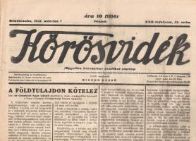 [Folyóirat] Körösvidék. Független keresztény politikai napilap. Felelős szerkesztő: Migend Dezső. XXII. évfolyam, 35. szám. (1941. március 7.) Békéscsaba, 1941. Körösvidék Rt. (ny.) 4 p. Folio. A tizenegy hónapos román megszállást követően megalakult Körösvidék politikai napilap 1920. március 30-án jelent meg először. A Horthy Miklós nemzeti hadserege mellett kiálló lap már első lapszámában is keresztény-nemzeti szelleműként határozta meg magát. A négy oldalas terjedelmében MTI-híreket, rendeleteket, illetve helyi érdekű híreket közzétevő lap országszéli helyzetéből fakadóan nem lankadó figyelemmel kíséri a csehszlovákiai és különösen a román adminisztráció magyarellenes intézkedéseit, de háborús és geopolitikai rövidhíreket is ad. Lapszámunknak a földreform sürgetős szüksége ügyében írt vezércikkét kormánypárti képviselő jegyzi. A tartalomból: A földtulajdon kötelez (vezércikk) -- Belgrád jelenti: Hitler üzenete elérte célját Törökországban -- Összeesküvőket és merénylőket lepleztek le Splitben -- Teljes sikerrel járt Japán közvetítése -- Nagy hadgyakorlat Singaporeban -- Adakozzunk az árvízkárosultak javára! -- Rendelet a mosószappan-bejelentési kötelezettségről. Jó állapotú lapszám, hajtogatva.