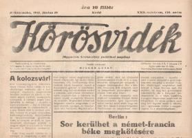 [Folyóirat] Körösvidék. Független keresztény politikai napilap. Felelős szerkesztő: Migend Dezső. XXII. évfolyam, 130. szám. (1941. június 10.) Békéscsaba, 1941. Körösvidék Rt. (ny.) 6 p. Folio. A tizenegy hónapos román megszállást követően megalakult Körösvidék politikai napilap 1920. március 30-án jelent meg először. A Horthy Miklós nemzeti hadserege mellett kiálló lap már első lapszámában is keresztény-nemzeti szelleműként határozta meg magát. A négy oldalas terjedelmében MTI-híreket, rendeleteket, illetve helyi érdekű híreket közzétevő lap országszéli helyzetéből fakadóan nem lankadó figyelemmel kíséri a csehszlovákiai és különösen a román adminisztráció magyarellenes intézkedéseit, de háborús és geopolitikai rövidhíreket is ad. Lapszámunk vezércikke Hóman Bálint kultuszminiszter kolozsvári egyetemi beszédének főbb téziseit idézi, mely a magyarság hivatástudatának és polgári erényeinek jegyében indokolja meg a magyarság vezető szerepét a Kárpát-medencében. A beszéd a visszaszerzett területek megóvására és a nemzetiségekkel való türelmes bánásmódra int. A tartalomból: A kolozsvári első kormányzógyűrűs doktoravatás (vezércikk) -- Sor kerülhet a német-francia béke megkötésére -- A magyar-olasz barátság szilárd alkotó tényezője lesz a holnap Európájának -- Olaszország hadba lépésének első évfordulója -- Gazdag anyaga van az iparostanonc-iskola tanoncmunka-kiállításának -- Színházi és rádióprogram -- Sporthírek. Jó állapotú lapszám, hajtogatva.