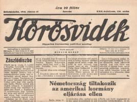 [Folyóirat] Körösvidék. Független keresztény politikai napilap. Felelős szerkesztő: Migend Dezső. XXII. évfolyam, 136. szám. (1941. június 18.) Békéscsaba, 1941. Körösvidék Rt. (ny.) 6 p. Folio. A tizenegy hónapos román megszállást követően megalakult Körösvidék politikai napilap 1920. március 30-án jelent meg először. A Horthy Miklós nemzeti hadserege mellett kiálló lap már első lapszámában is keresztény-nemzeti szelleműként határozta meg magát. A négy oldalas terjedelmében MTI-híreket, rendeleteket, illetve helyi érdekű híreket közzétevő lap országszéli helyzetéből fakadóan nem lankadó figyelemmel kíséri a csehszlovákiai és különösen a román adminisztráció magyarellenes intézkedéseit, de háborús és geopolitikai rövidhíreket is ad. Lapszámunk vezércikke emelkedett hangon magasztalja Horthy Miklós életművét, a kormányzó születésnapja alkalmából. A tartalomból: Zászlódíszbe öltözött ma az ország (vezércikk) -- A katonaerények emelték ki a nemzetet a trianoni sírból. Békéscsaba város népe méltó módon ünnepelte meg Kormányzó Urunk születésnapját -- Németország tiltakozik amerikai követségei bezárása miatt -- Ha Amerika beavatkozik, Japán is belép a háborúba -- Vasárnap lesz a Békéscsabai Levente Egyesület évzáró ünnepélye -- Színház- és rádióműsor -- Tőzsdei hírek -- Sporthírek. Jó állapotú lapszám, hajtogatva.