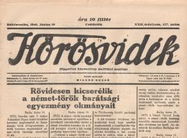[Folyóirat] Körösvidék. Független keresztény politikai napilap. Felelős szerkesztő: Migend Dezső. XXII. évfolyam, 137. szám. (1941. június 19.) Békéscsaba, 1941. Körösvidék Rt. (ny.) 6 p. Folio. A tizenegy hónapos román megszállást követően megalakult Körösvidék politikai napilap 1920. március 30-án jelent meg először. A Horthy Miklós nemzeti hadserege mellett kiálló lap már első lapszámában is keresztény-nemzeti szelleműként határozta meg magát. A négy oldalas terjedelmében MTI-híreket, rendeleteket, illetve helyi érdekű híreket közzétevő lap országszéli helyzetéből fakadóan nem lankadó figyelemmel kíséri a csehszlovákiai és különösen a román adminisztráció magyarellenes intézkedéseit, de háborús és geopolitikai rövidhíreket is ad. A keleti front kialakulását közvetlenül megelőző napokban megjelent lapszámunk főként Németország és a vele baráti viszonyban álló Törökország diplomáciai törekvéseit elemzi, háborús hírei a régóta folyó finn-szovjet háborún kívül Európán kívüliek, a Mediterráneumra korlátozódnak. A helyzet néhány nap múlva radikálisan megváltozik. A tartalomból: Rövidesen kicserélik a német-török barátsági egyezmény okmányait -- Anglia felszólította Törökországot, hogy küldjön csapatokat Szíriába. A török kormány visszautasította a londoni felhívást -- Újabb német légitámadás Alexandria ellen -- Rendkívüli hadgyakorlatra hívták be a tartalékosokat Finnországban -- Nyolcórás ülésen tárgyalja a Ház a közellátás érdekeit veszélyeztető cselekmények büntetéséről szóló törvényjavaslatot -- Boldog csángók között a békéscsabai pályaudvaron. Jó állapotú lapszám, hajtogatva.