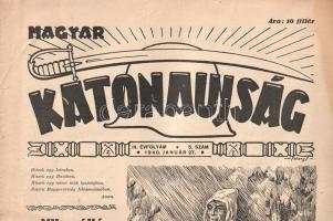 [Folyóirat] Magyar Katonaújság. Szerkeszti: Rózsás János. Megjelenik hetenként. III. évfolyam, 5. szám. (1940. január 27.) (Budapest), 1940. Vitézi Rend Zrínyi Csoportja - Stádium Sajtóvállalat Rt. 8 p. Folio. Az 1938-1944 között megjelenő, felvételekkel, rajzokkal, stratégiai térképvázlatokkal gazdagon illusztrált katonai hetilap a Vitézi Rend Zrínyi Csoportjának folyóirata volt. Gazdagon illusztrált folyóiratunk állandó rovatai közül a háborús eseményeket taglaló "Mi történt az elmúlt héten?" a legfontosabb, a diplomáciai-geopolitikai eligazodásban "A világ forgása" című rovat segít. Lapszámunk kiadása idején Európa szüneteltek a hadműveletek, ez alól egyedül a finn-szovjet háború jelent kivételt, valamint hírek érkeztek a belga és holland mozgósításról. A tartalomból: Nők a honvédelemben -- A finn-orosz háború eseményei -- Belga és holland mozgósítás -- Repülőbál Ungváron -- A torpedó -- A légvédelmi ágyú -- Miért kellett bevezetni a hústalan napokat? -- A Jobbkéz tanya (tárcanovella). Folyóiratunk szerepel az Ideiglenes Nemzeti Kormány által 1945-ben betiltott művek jegyzékén. Jó állapotú lapszám, hajtogatva.