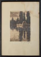Szentgyörgyvári Gyenes Lajos (1890-1971): Vízparti táj. Rézkarc, papír, jelzett. Ázásnyommal. Üvegezett fakeretben. 19×13,5 cm