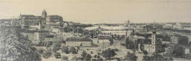 Nagy Zoltán (1916-1987): Budapesti panoráma, rézkarc, papír, jelzett, üvegezett fakeretben, 17×49 cm