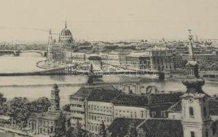 Nagy Zoltán (1916-1987): Budapesti panoráma, rézkarc, papír, jelzett, üvegezett fakeretben, 17×49 cm