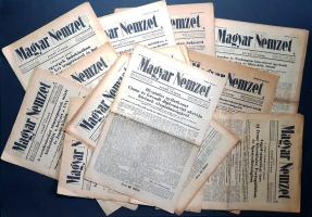 [Folyóirat] Magyar Nemzet. 14 szórványszám 1941. július 13. és 1943. június 23. között. Valamennyi lapszám hiányos, a 16 oldal terjedelmű lapszámokból csak az első négy oldal [a II. világháborúról tudósító oldalak] van meg. Magyar Nemzet IV/158. (1941. július 13.) 4 p. A német és szövetséges csapatok a Sztalin-vonal valamennyi fontos pontját áttörték. A magyar gyorscsapatok a Zbrucz menti ellenállást megtörve üldözik az ellenséget. Hogyan harcol a szovjetkatona. Háborús térkép: Szíria. Magyar Nemzet IV/160. (1941. július 16.) 4 p. A Német Távirati Iroda jelenti: Angol-amerikai terv új front létesítésére Portugáliában és Spanyolországban. A német sajtó élesen támadja Rooseveltet a háborús provokációért. Magyar Nemzet IV/163. (1941. július 19.) 4 p. A honvéd gyorsalakulatok folytatták az üldözést. Az új japán kormány külpolitikája nem változik. Roosevelt újabb nyilatkozata Izlandról. A Sztalin-vonal áttörése Szmolenszknél kiszélesedett. Háborús térkép: Szovjetunió. A felsőház a módosított 9. szakasz beiktatásával fogadta el a házassági törvényjavaslatot. Meskó Zoltán sterilizálást követel. A hercegprímás beszéde. Magyar Nemzet IV/164. (1941. július 20.) 4 p., 9-10 p. Német csapatok a Dnyeszter több pontján átkeltek, a finnek bevonultak Viipuriba. A csendes-óceáni támaszpontok miatt kiéleződött a helyzet az USA és Japán között. Egymást érő katonai tanácskozások Tokióban. Kik a szovjetrendszer belső ellenségei? Magyar Nemzet IV/166. (1941. július 23.) 4 p. Pusztító megtorló légi támadás Moszkva és Leninigrád ellen. Ukrajnában az együtt harcoló német és magyar csapatok megtörték az ellenállást. Sztalin fia fogságba esett. Angol katonai bizottság a Kaukázusban. Japán nagy cselekedetek küszöbén áll. Az amerikai közvélemény reakciója a német-szovjet háborúra. Magyarország és az emigráns Benes-kormány. Háborús térképek: Szovjetunió (kézi színezéssel). Francia-Indokína és Sziám. Magyar Nemzet IV/168. (1941. július 25.) 4 p. Japán egységek Indokínában elfoglaltak két tengerészeti és hat légi támaszpontot. Éles amerikai sajtótámadások Vichy ellen. Nagy arányú katonai előkészületek a Hawaii-szigeteken, Szingapúrban és Holland-Indiában. A "Völkischer Beobachter" Magyarország szerepéről a háborúban. Háborús térképek: az indokínai hadszíntér három térképe. Magyar Nemzet IV/169. (1941. július 26.) 4 p.; 9-10 p. Berlin szerint Japán és Franciaország megegyezett az indokínai kérdésben. A huszárok fontos szerepe a hadműveletekben. Térkép: a csendes-óceáni utánpótlási vonalak. Magyar Nemzet IV/221. (1941. szeptember 28.) 4 p. A kijevi csatában a foglyok száma 665,000-re emelkedett. A szovjetvonalak mögött nagy romboló munka folyik. A Führer, a Duce és Konoye táviratváltása a háromhatalmi egyezmény első évfordulóján. Az irodalmi folyóirat problémája. Magyar Nemzet V/90. (1942. április 22.) 4 p. Német vélemény Kállay beszédéről. Szálasi az Imrédy-féle politikai kft. csődjéről. A Führer kiáltványa. Ankara felszólította a szovjetet a törökellenes sajtókampány abbahagyására. Magyar Nemzet V/204. (1942. szeptember 8.) 4 p. Sztálingrádnál ismételt szovjet támadások meghiúsultak. A németek az egész Taman-félszigetet elfoglalták. Kalugánál, az Ilmen-tónál, a Ladoga-tónál és Leningrádnál indított szovjet támadások összeomlottak. Újabb szovjet ellentámadás a Don és a Volga között. Indiai zavargások. Háborús térkép: a kaukázusi hadszíntér az Elbrusszal. Időszerű beszélgetés egy könyvtári altiszttel. Magyar Nemzet V/208. (1942. szeptember 13.) 6 p. A Budapest bombázása után hazatérő szovjet gépek közül négyet lelőttek a szövetségesek. Sztálingrádnál súlyos harcok. Mibe kerültek az angol légi támadások? A Duce a kikötői tűzoltógyakorlaton. Az indiai zavargás. Gabon afrikai gyarmat Anglia hatalmában. Magyar Nemzet VI/93. (1943. április 29.) 4 p. London és Washington közvetíteni igyekszik Moszkva és Sikorskiék között. Új lengyel emigráns kormány alakul. London igyekszik helyreállítani a lengyel-szovjet viszonyt. Hitler fogadta Ante Pavelics horvát államfőt. Keleten csupán a kubáni hídfőnél voltak hevesebb harcok. Háborús térkép: Tuniszi hadszíntér. Magyar Nemzet VI/97. (1943. május 1.) 4 p. A 2. honvéd hadsereg hazaérkezése. A finn-amerikai válság. Kállay miniszterelnök előszava a finn miniszterelnök budapesti előadásához. A kubáni hídfőt a szovjet nagy erőkkel támadta. Római vélemény az ellenséges bombázásokról. Az iraki lengyel csapatokat kivonták az angol kötelékből. A teljesen új német fegyverek. Háborús térképek: a tuniszi és kubáni hadszíntér. Magyar Nemzet VI/143. (1943. június 23.) 4 p. Itália felkészült a védelemre. Roosevelt szakadatlan bombázása és hízelkedései sem tudják az olasz népet és a fasizmust elválasztani egymástól. Ha sikerülne is a partra szállás, ez semmit sem változtat a helyzeten. A balkáni invázió nehézségei. A kereskedelem racionalizálása a háború után. Minden szám fűzve, eredeti borítókban, félbehajtva.