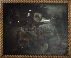 Jelzés nélkül, XIX. sz. festő: Szarvasbika és sasok. Olaj, vászon, sérült. Dekoratív fakeretben, 54,5×68 cm