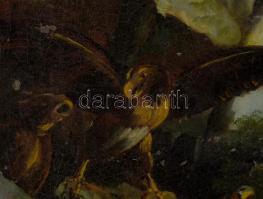 Jelzés nélkül, XIX. sz. festő: Szarvasbika és sasok. Olaj, vászon, sérült. Dekoratív fakeretben, 54,...