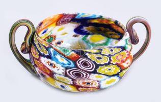 1900-1920 Fratelli Toso Murano kétfülő millefiori ékszeres edény, jelzés nélkül, hibátlan, 10x4,5 cm