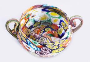 1900-1920 Fratelli Toso Murano kétfülő millefiori ékszeres edény, jelzés nélkül, hibátlan, 10x4,5 cm