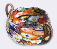 1900-1920 Fratelli Toso Murano kétfülő millefiori ékszeres edény, jelzés nélkül, hibátlan, 10x4,5 cm