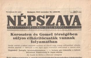 [Folyóirat] Népszava. A Szociáldemokrata Párt központi lapja. Főszerkesztő: Szakasits Árpád. 71. évfolyam, 261. szám. (1943. november 18.) [Elkeseredett harcok Kijevtől nyugatra.] Budapest, 1943. Világosság Könyvnyomda Rt. 10 p. Folio. A hazai szociáldemokrácia központi lapja 1877-ben indult. A többször betiltott és számos sajtópert megélt, nyilatkozataiban önmérsékletre kényszerülő baloldali lapot 1939-től Szakasits Árpád szerkesztette. Cenzúrás időkből származó lapszámunk hadi jelentésekben csupán hírügynökségi jelentések közlésére szorítkozik, a hírek csoportosításából, illetve belpolitikai publicisztikáiból azonban kiviláglik folyóiratunk baloldali álláspontja. A második világháború fő hadszínterének bizonyuló szovjet fronton 1941-ben rendkívüli tengelyhatalmi villámháborús eredmények születtek, Leningrádot körbe zárták, Moszkvát megközelítették, Odesszát, Kijevet bevették. 1942 folyamán bevették a Krímet, elérték a Dont, majd a Volgát, egyes hadseregek pedig a Kaukázusig jutották, ám az Egyesült Államok bekapcsolódásával, illetve 1943-ban a sztálingrádi és kurszki csaták elvesztésével a tengelyhatalmak hadi ereje megroppant, amit a kurszki csatával egy időben lezajlott szicíliai partra szállás is súlyosbított 1943 júliusában. 1943 novemberében megjelent lapszámunk háborús hírei tengelyhatalmi hírügynökségektől átvett jelentések, ám egy egyszerű térkép segítségével is kimutatható, hogy az orosz törzsterületekről Ukrajna és Fehéroroszország középső részeibe visszaszoruló Wehrmacht súlyos területi veszteségeket szenvedett az elmúlt évben. Jóllehet a hírügynökségi jelentések töretlen háborús morálról szónokoltak, a térképolvasásra képes olvasó tudatában lehetett a tengelyhatalmi visszaszorulásnak, ezt a benyomást pedig csak erősíthette lapszámunknak az a sokágú beszámolója, amelyet az olasz helyzetről közölt. A félszigeten észak felé tartó angolszász haderő német ellenállással nézett szembe, mindeközben két olasz kormány is alakult, délen a Badoglio-kormány, északon az immár köztársaságivá vált fasiszta kormány. Mindkét kormány helyzetértékelő kormányüléseket tartott: a déli kormányban kormányzati ellentétek mutatkoztak, az északi újfasiszta kormány hosszasan ecsetelte szociális és gazdasági terveit. A fasiszta gyűlésről Mussolini távol maradt, annyi véleményt azonban hozzáfűzött, hogy a szociális elképzelések firtatásánál a katonai megoldások előbbre valók. A tartalomból: Koroszten és Gomel térségében súlyos elhárítócsaták vannak folyamatban. Berlin szerint a német csapatok szelleme az elmúlt néhány hónap erőfeszítései ellenére töretlen maradt -- Megalakult Badoglio hivatalnok-kormánya -- A fasiszta párt kimondta a háború folytatását Németország és Japán oldalán -- A költségvetés a képviselőház előtt. Kéthly Anna a közoktatásügyi költségvetésről -- Munkás-élet: A kollektív szerződés, a kisipar és a vidék -- Bér-ár-profit: Korlátozták a gáz- és villanyfogyasztást -- Rendelet a légitámadás esetén való javadalmazásról. Jó állapotú lap, hajtogatva.