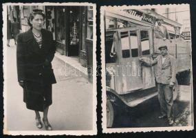 cca 1930-1940 Nagyvárad (Oradea), utcai életképek (sétáló hölgy és munkások teherautóval), 2 db pecséttel jelzett fotó Angelo nagyváradi műterméből, 8,5x6 cm