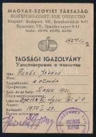 1951-1952 Magyar-Szovjet Társaság tagsági igazolvány különféle bélyegekkel, jó állapotban