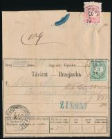 1879 Helyi ajánlott távirat 3kr + 5kr bérmentesítéssel, a vízjel nélküli korszakból csak ez az egyetlen darab ismert! RRR! (5kr hajtásnyom) / Local registered telegram with 3kr + 5kr franking, only this single piece is known from the 1874 issue! RRR! "ZIMONY"(5kr folded)