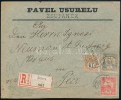 1900 Távolsági ajánlott levél elfogazott Feketeszámú 12kr + Turul 1f és 10f vegyes bérmentesítéssel. A 12kr 11 1/2 sorfogazással (1898-as kiadás), az ilyen fogazású bélyegek küldeményen rendkívül ritkák! A levél tarifahelyes. RRR! / Registered domestic cover with 12kr + 1f, 10f mixed franking. 12kr with perforation 11 1/2 very rare on cover. RRR! "ORSOVA" - "PÉCS"