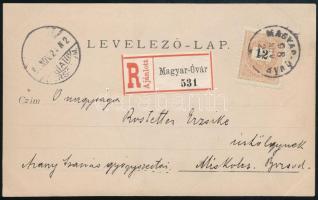 1898 Ajánlott levelezőlap 12kr szóló!! bérmentesítéssel. Rendkívüli ritkaság, csak 2-3 darab ismert! RRR! / Registered postcard with 12kr (single) franking. Only 2-3 pieces known! RRR! "MAGYAR-ÓVÁR" - Miskolcz