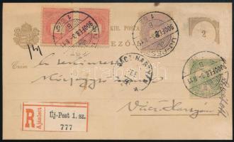 1900 Vegyes bérmentesítésű levelezőlap, a 2kr díjjegyről lekaparva az előző bélyeg, majd ajánlott lapként tarifahelyesen újra bérmentesítve: Feketeszámú 2kr + 5kr pár + Turul 5f, a teljes tarifa 29 fillér. RRR! / Registered postcard with mixed franking (the previous stamp scratched off the 2kr) RRR! "ÚJ-PEST" - Vácz Hartyán