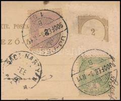 1900 Vegyes bérmentesítésű levelezőlap, a 2kr díjjegyről lekaparva az előző bélyeg, majd ajánlott la...