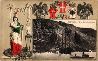 Kotor, Cattaro; Riva da Settentrione / quay. "Fert" "SPQR" Art Nouveau litho frame with Italian patriotic propaganda (fl)