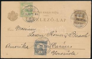 1900 2kr millenniumi díjjegyes levelezőlap Turul 1f és 5f díjkiegészítéssel Venezuelába. Ritka vegyes bérmentesítésű lap, talán egyedi desztinációval! RRR! / 2kr millennial PS-card with 1f + 5f additional franking to Venezuela. RRR! "PÉCS" - Caracas