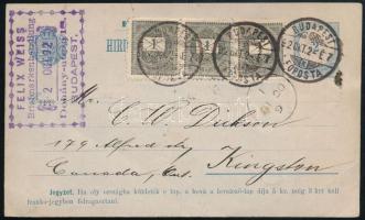 1892 2kr díjjegyes hirdetményes levelezőlap + 3 x 1kr kiegészítéssel Kanadába. Ritka kiegészítés, általában 3kr bélyeggel ismerünk hasonlókat, ebben a formában igazi ritkaságnak számít! RRRR! / Advertising 2kr PS-card with 3 x 1kr additional franking to Canada. Rare combination, we know similar ones with 3kr stamp. RRR! "BUDAPEST / FŐPOSTA" - Kingston / Canada