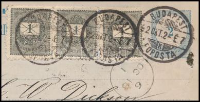 1892 2kr díjjegyes hirdetményes levelezőlap + 3 x 1kr kiegészítéssel Kanadába. Ritka kiegészítés, ál...