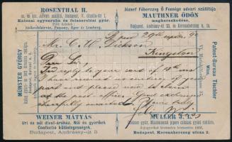 1892 2kr díjjegyes hirdetményes levelezőlap + 3 x 1kr kiegészítéssel Kanadába. Ritka kiegészítés, ál...