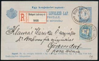 1893 2kr díjjegyes hirdetményes levelezőlap 10kr díjkiegészítéssel ajánlott lapként tarifahelyesen Sziléziába küldve. Kifogástalan és rendkívül ritka! RRR! / Advertisement 2kr PS-card with 10kr additional franking to Silesia. Very rare, RRR! "BUDAPEST / ANDRÁSSY ÚT" - Görbersdorf